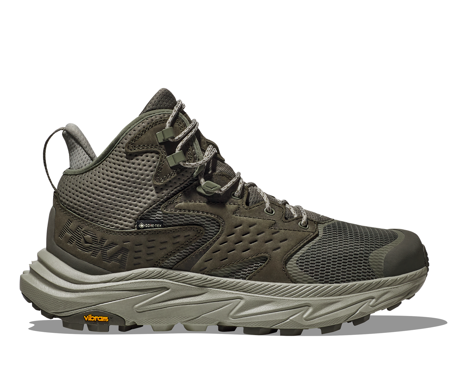 Side of hoka walking boot mens anacapa 2 gore-tex slat barley green 