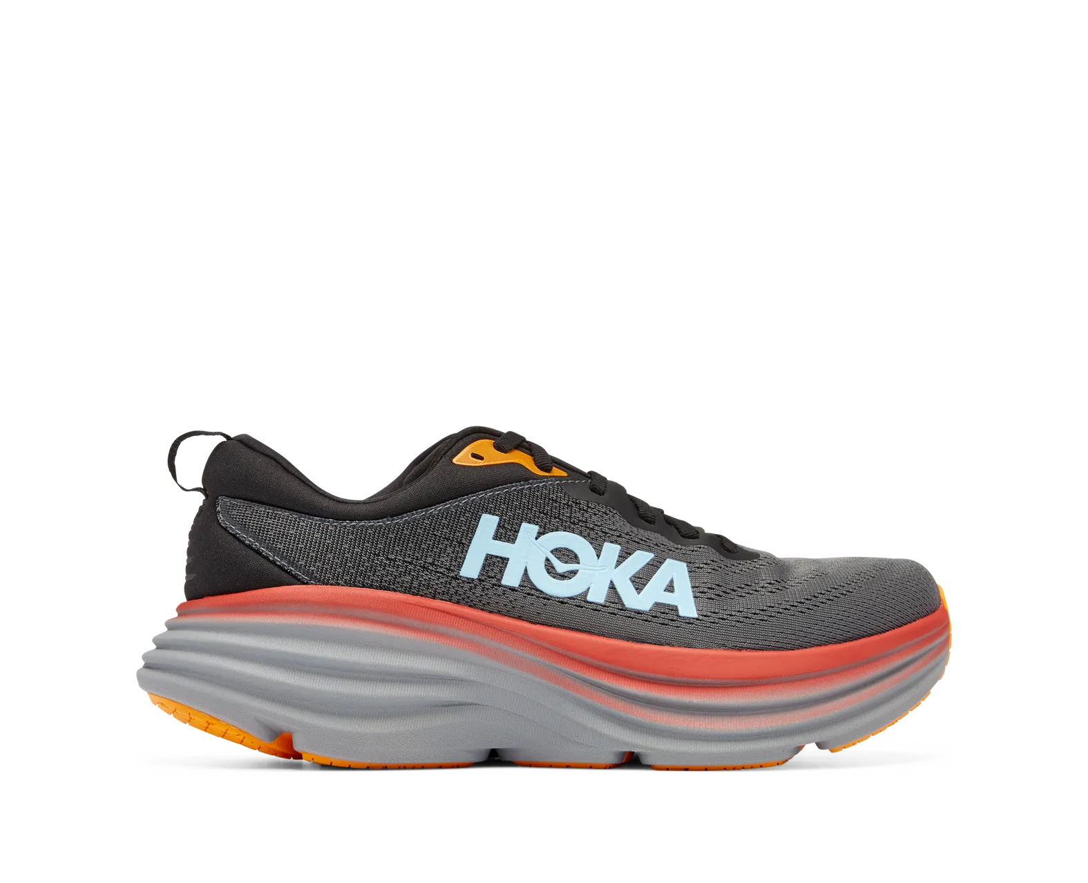 Grey with red accent hoka bondi 8 running shoe