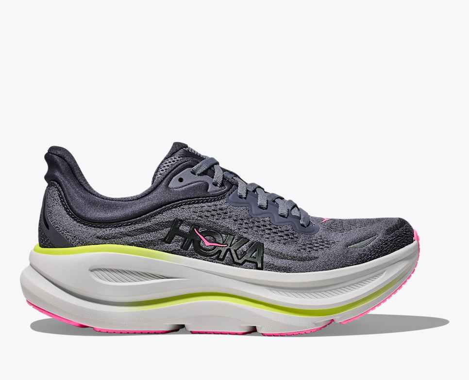 Gray hoka bondi 9 running shoe with neon yellow sole on white