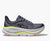 Gray hoka bondi 9 running shoe with neon yellow sole on white
