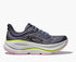 Gray hoka bondi 9 running shoe with neon yellow sole on white