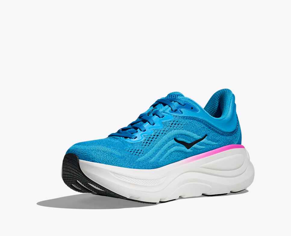 Blue hoka bondi 9 running shoe with pink sole inside profile