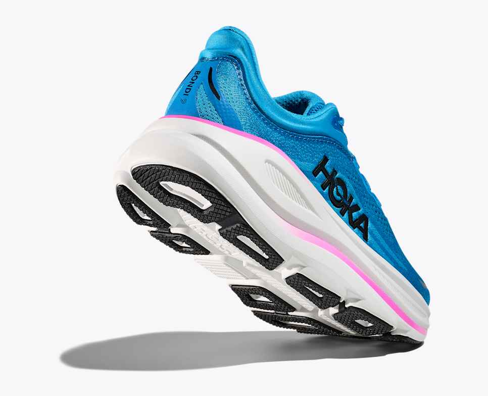 Blue hoka bondi 9 running shoe with white sole and pink details