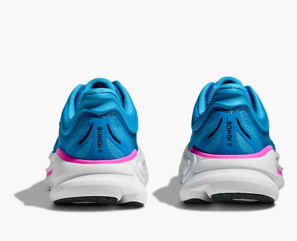 Blue hoka bondi 9 running shoe with pink and white sole heels from behind