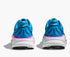 Blue hoka bondi 9 running shoe with pink and white sole heels from behind