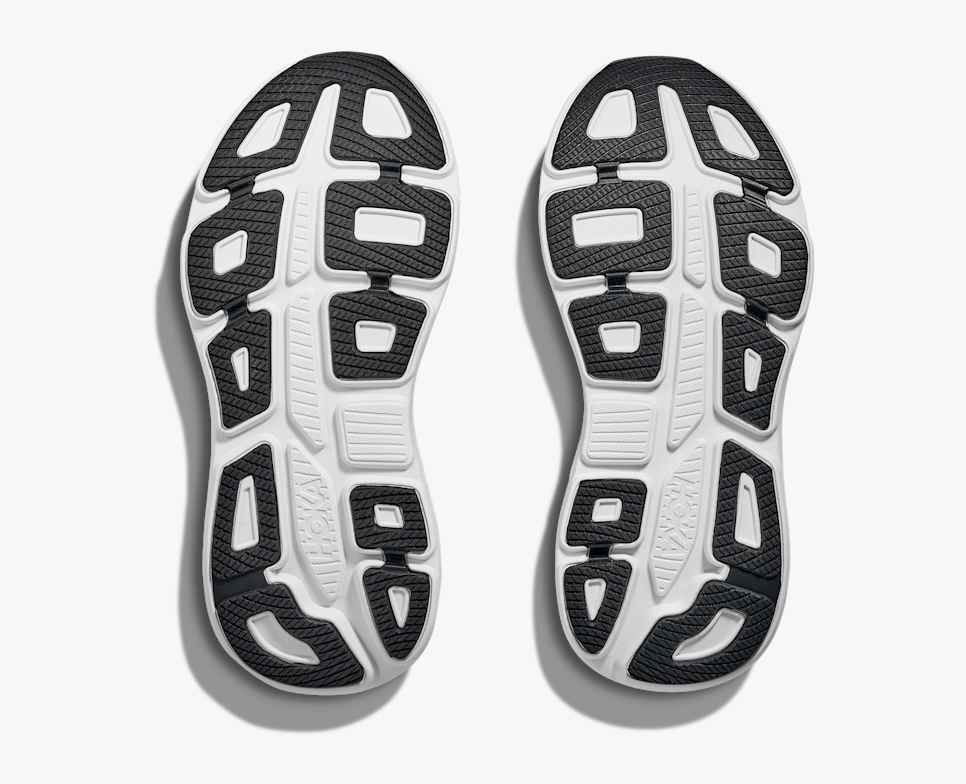 Black and white sole of a hoka bondi 9 