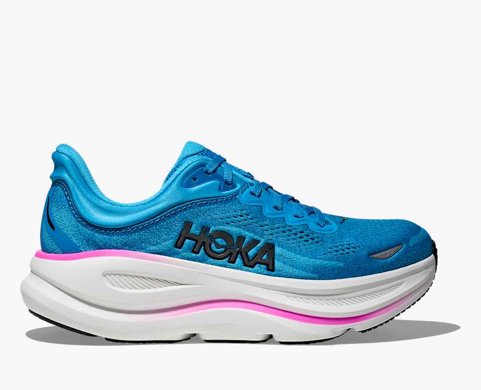 Blue hoka bondi 9 running shoe with pink sole
