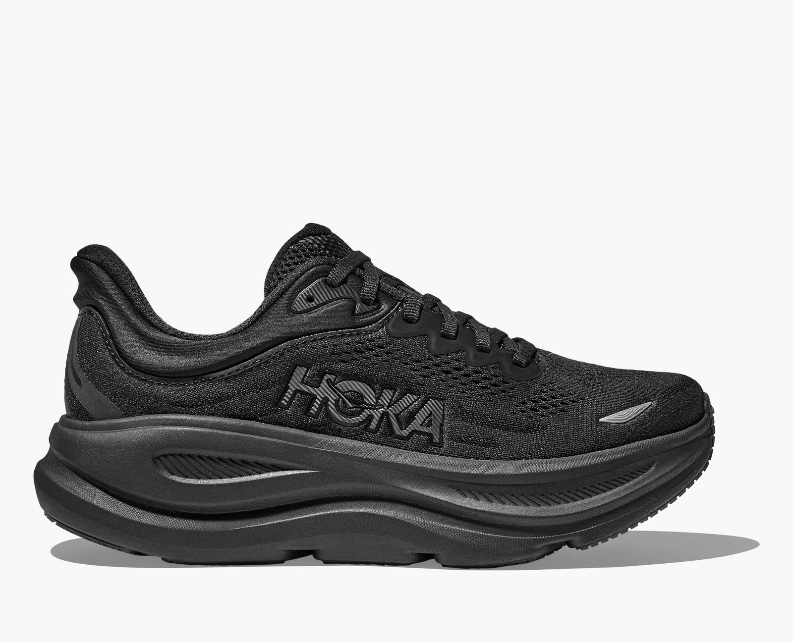 Black Hoka Bondi running shoe on a white background