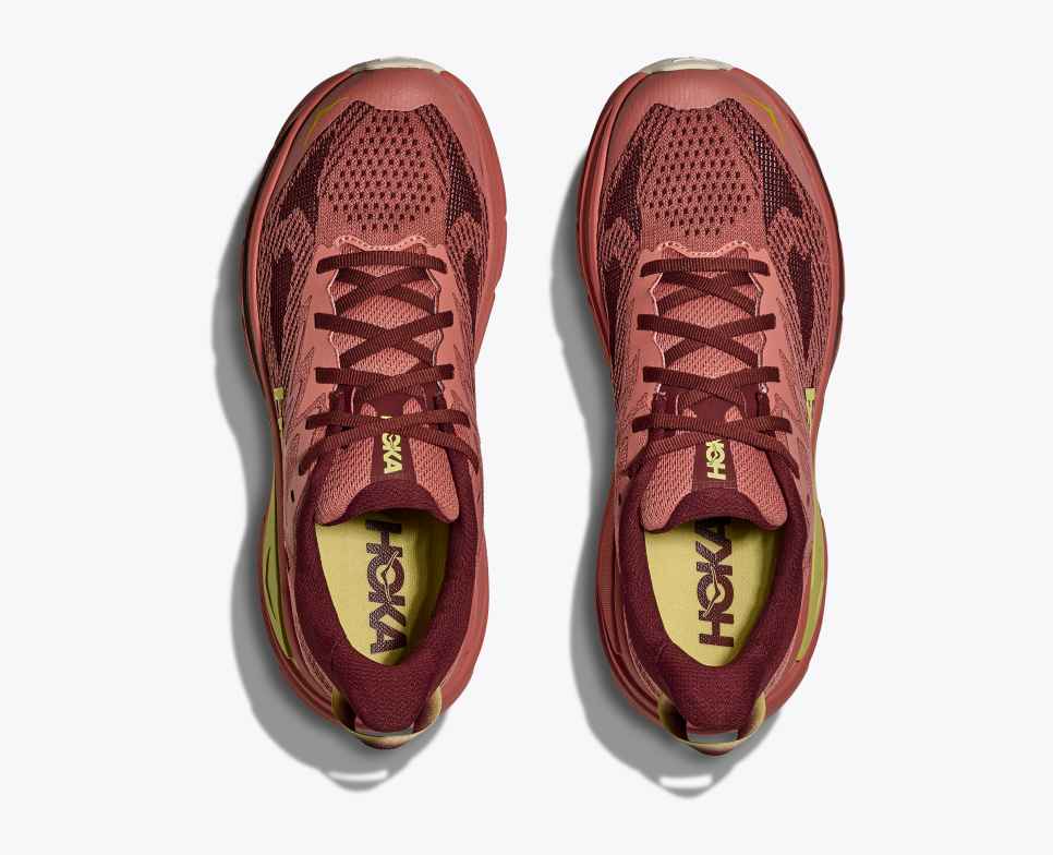 hoka challenger 8 for women pink and dark red colour for trail and road running top view 