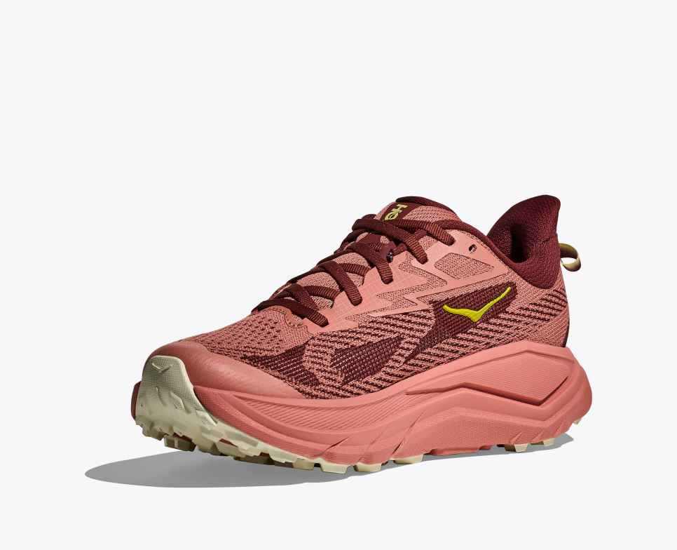 hoka challenger 8 for women pink and dark red colour for trail and road running inside profile green logo