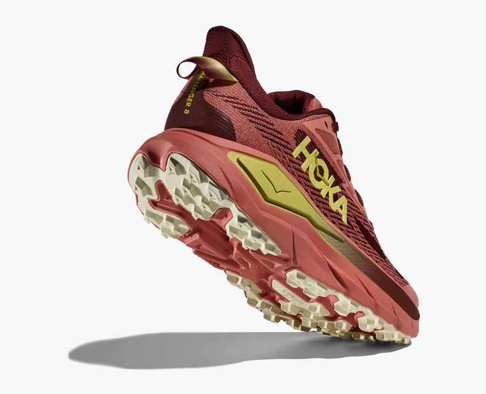 hoka challenger 8 for women pink and dark red colour for trail and road running green details with heel view