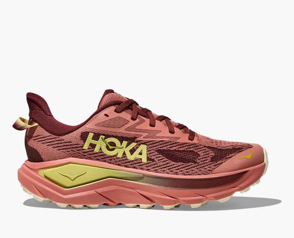 hoka challenger 8 for women pink and dark red colour for trail and road running