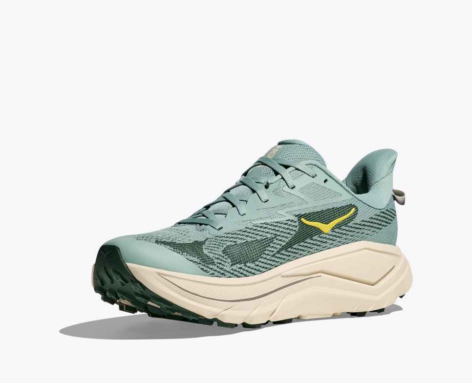 hoka challenger 8 mens green and teal trail and road running shoe side with green logo