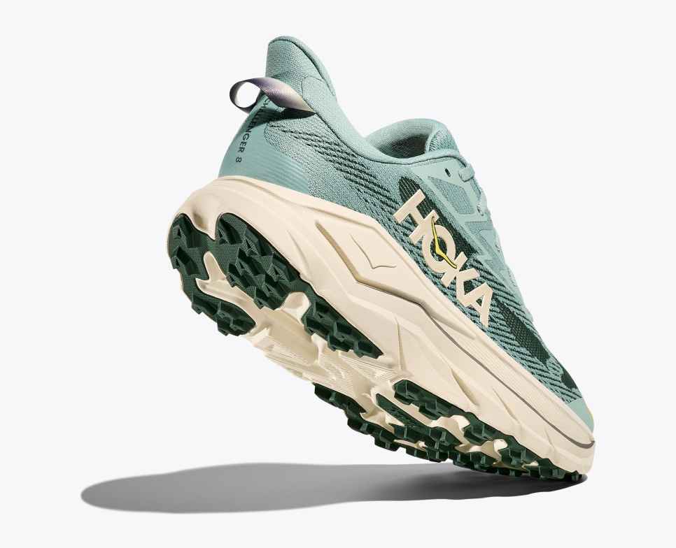hoka challenger 8 mens green and teal trail and road running shoe under heel 