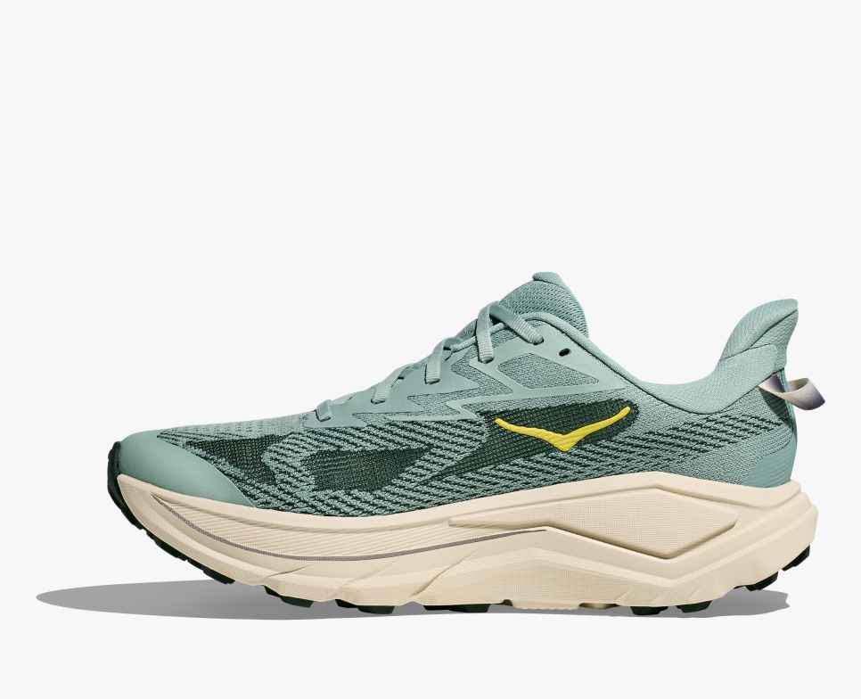 hoka challenger 8 mens green and teal trail and road running shoe inside profile