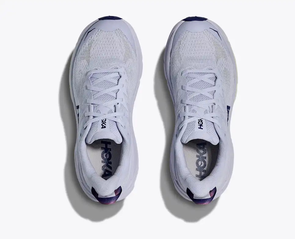 Top view of white and blue hoka womens challenger 8 trail runner