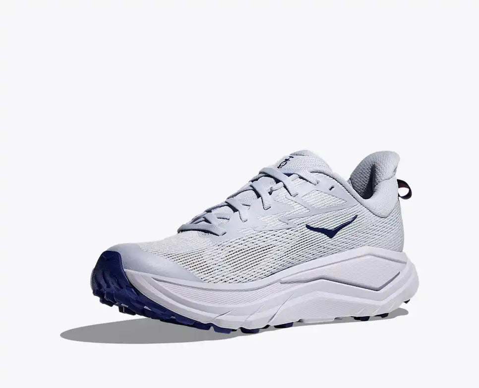 Inside view of white and blue hoka womens challenger 8 trail runner