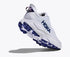 Bottom view of white and blue hoka womens challenger 8 trail runner