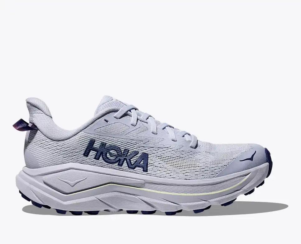 Hoka challenger 8 womens road to trail running shoe, lightweight cushioned gravel running shoe, light blue grey with dark purple details, side profile 