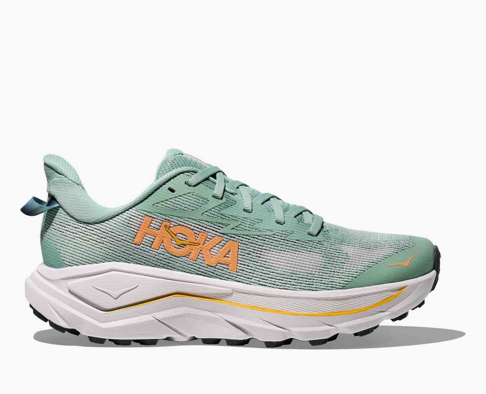 Green hoka challenger 8 running shoe with yellow logo