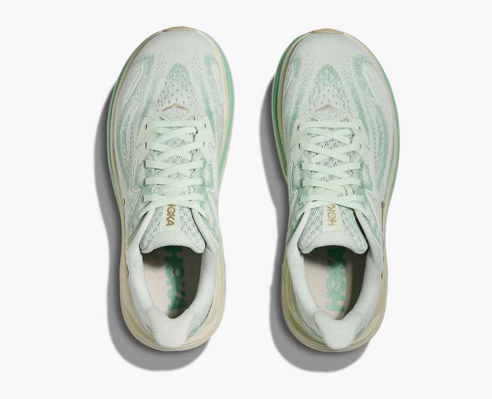 hoka clifton 10 for women green blue colour cuhsioned lightweight running shoe top view