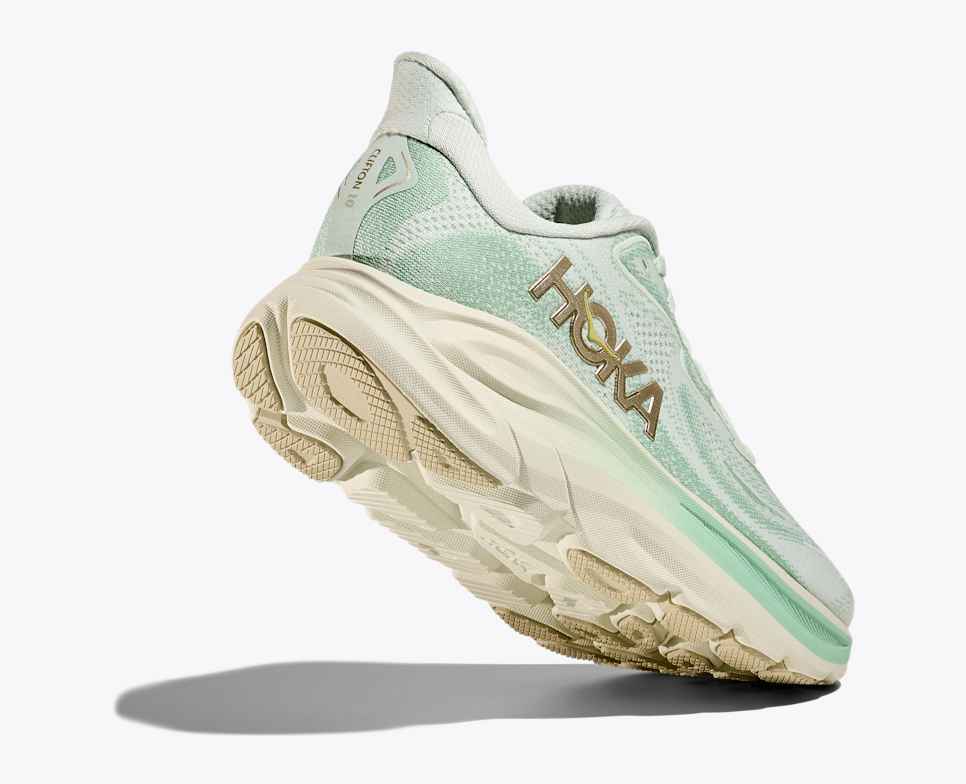 hoka clifton 10 for women green blue colour cuhsioned lightweight running shoe heel