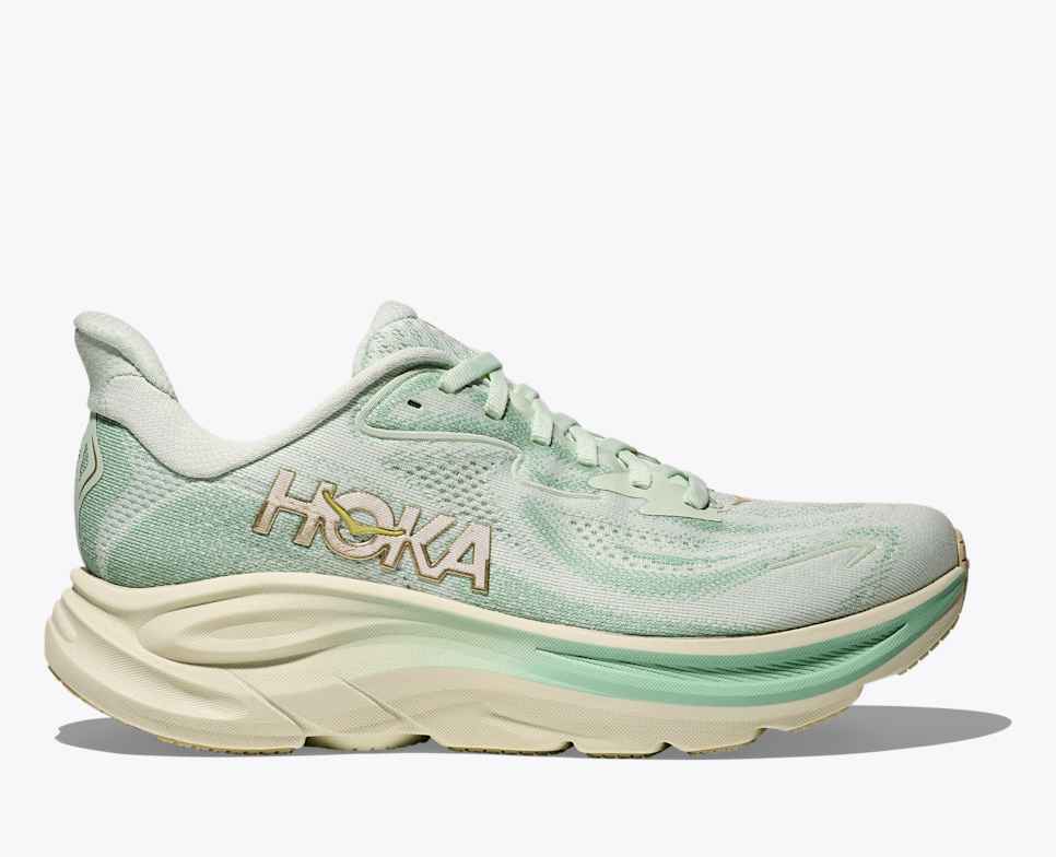 hoka clifton 10 for women green blue colour cuhsioned lightweight running shoe