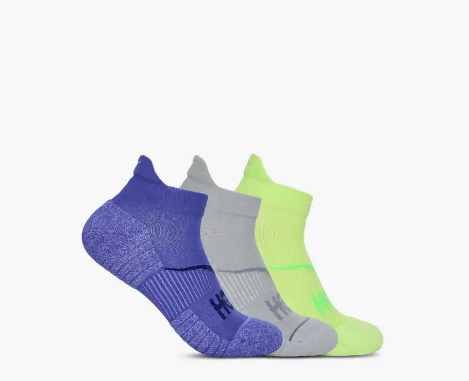 hoka no show running socks for men and women moisture wicking and cooling with hotspot cushioning, three pack with purple grey and neon green colours
