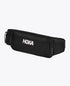 hoka running belt, running belt with zipper storage pockets, black colour with reflective logo, front of belt bag