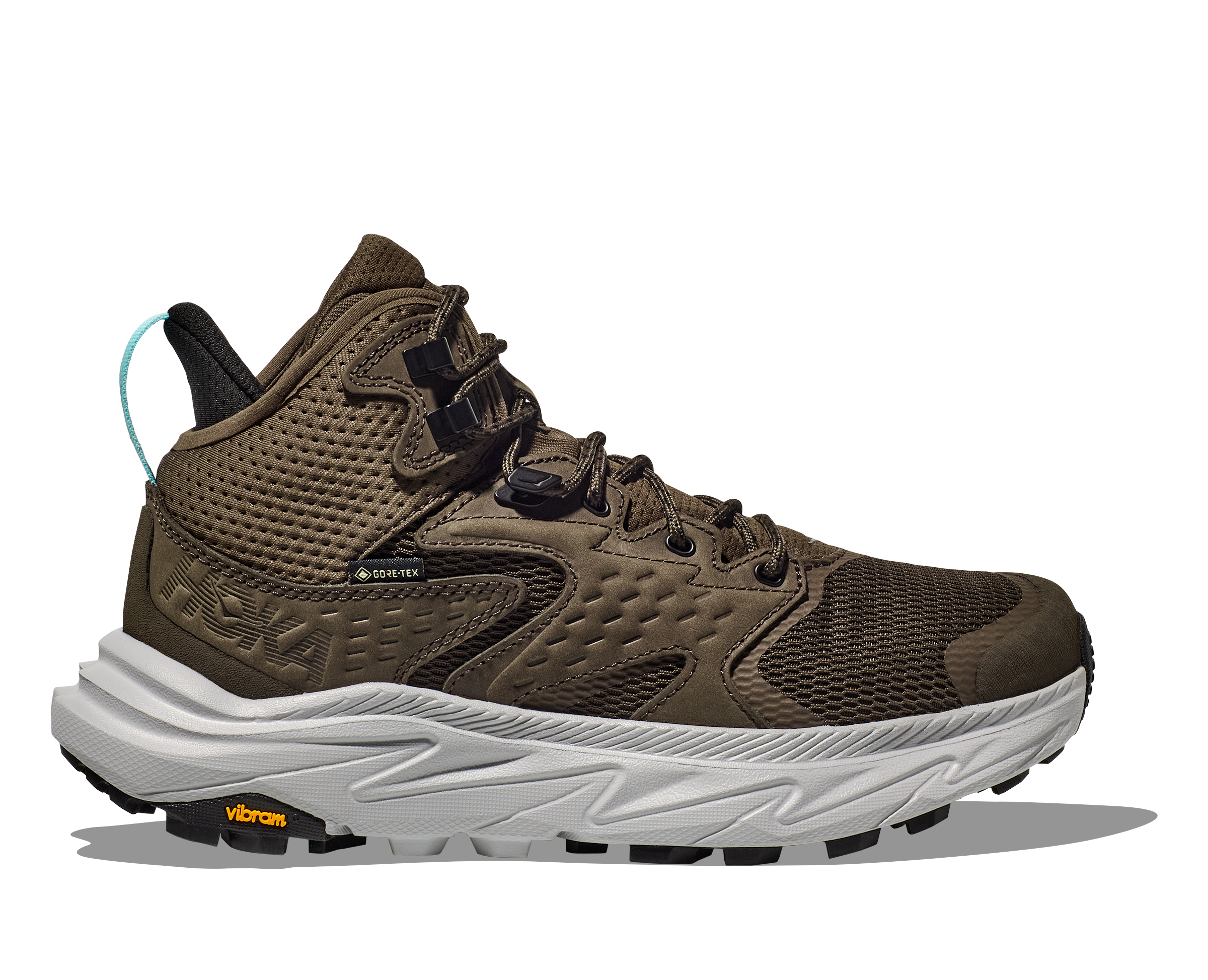 Side of hoka anacapa mid gore tex walking boot deep umber stardust womens
