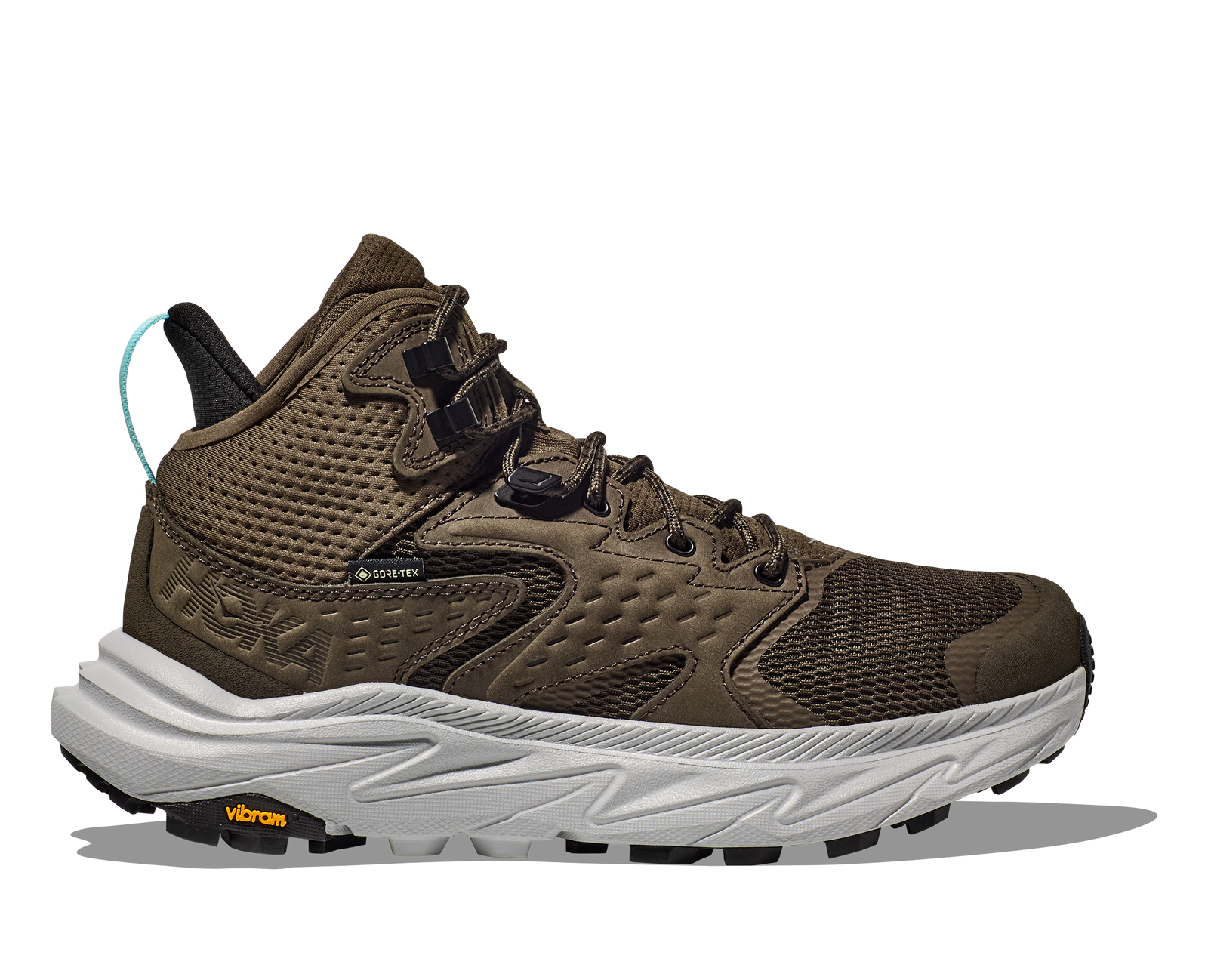 Side of hoka anacapa mid gore tex walking boot deep umber stardust womens