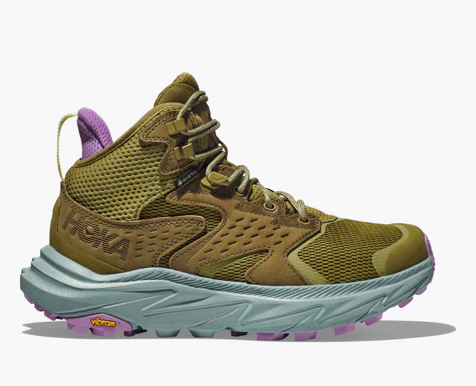 Side of hoka anacapa mid gore tex walking boot green moss and agave womens