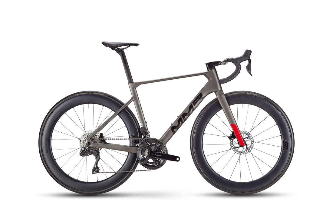 MMR bikes, aelion 30 road bike in warm steel grey colour with red trim
