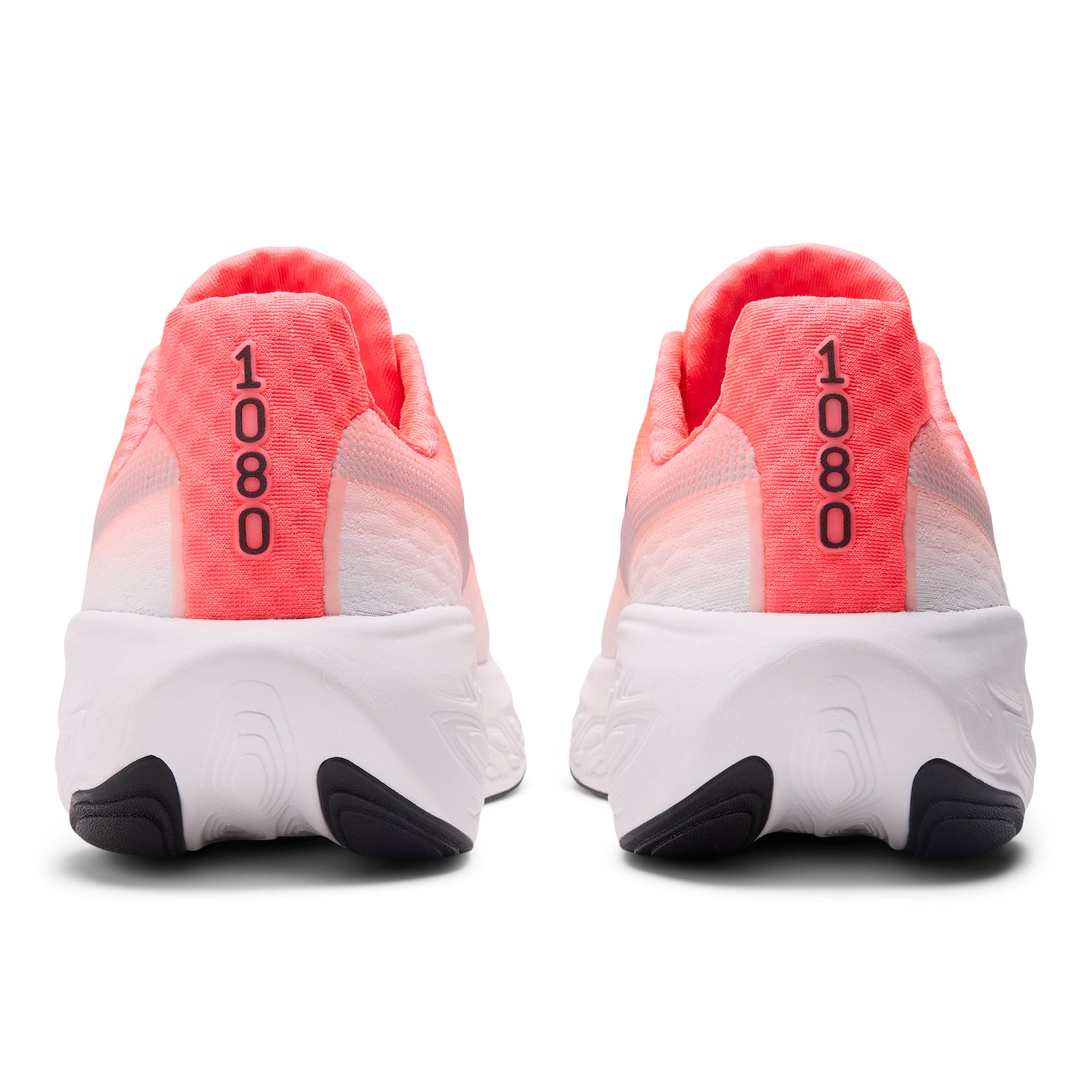 New Balance 1080 For Men urgent red colour Pair of pink and white running shoes with '1080' branding on a white background