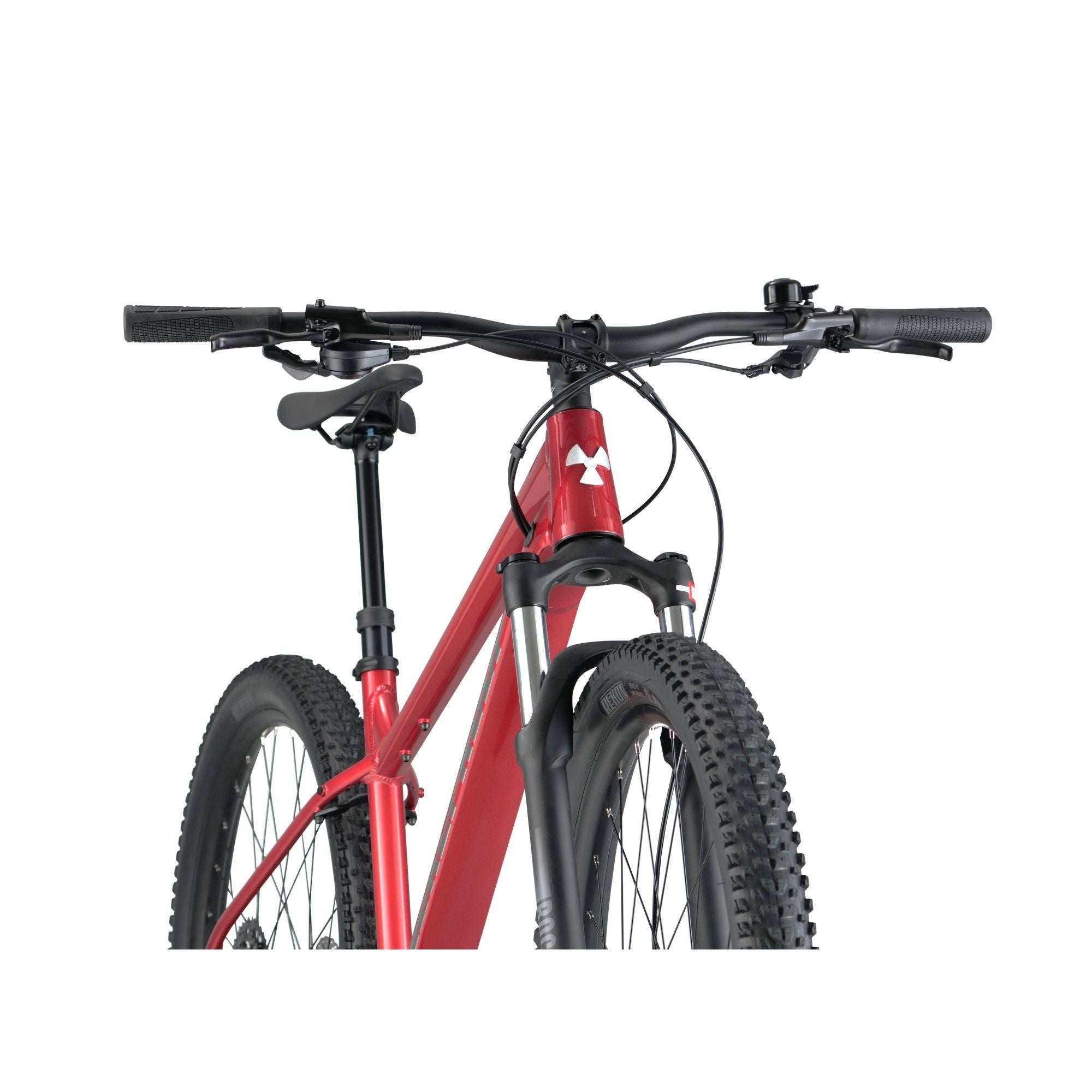 Nukeproof Tracker 290 Comp, aluminum frame hardtail mountian bike, red frame, front of bike up closer