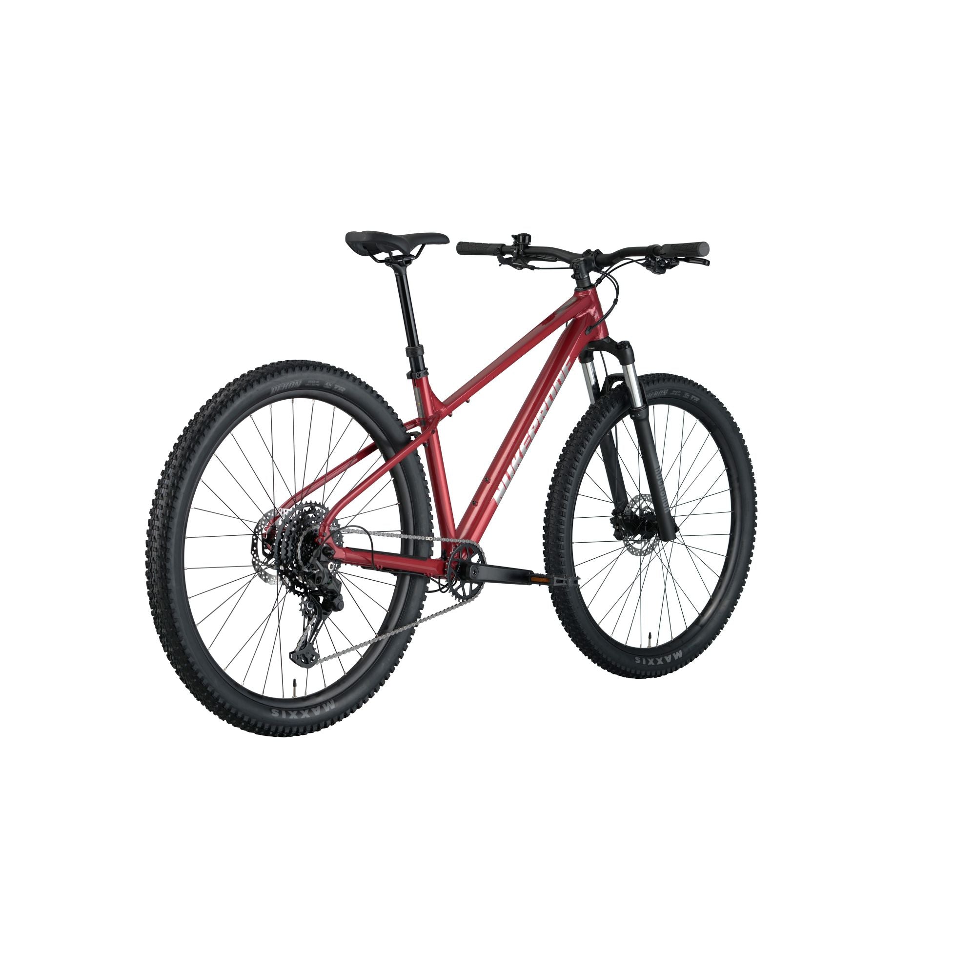 Nukeproof Tracker 290 Comp, aluminum frame hardtail mountian bike, red frame, side back angle