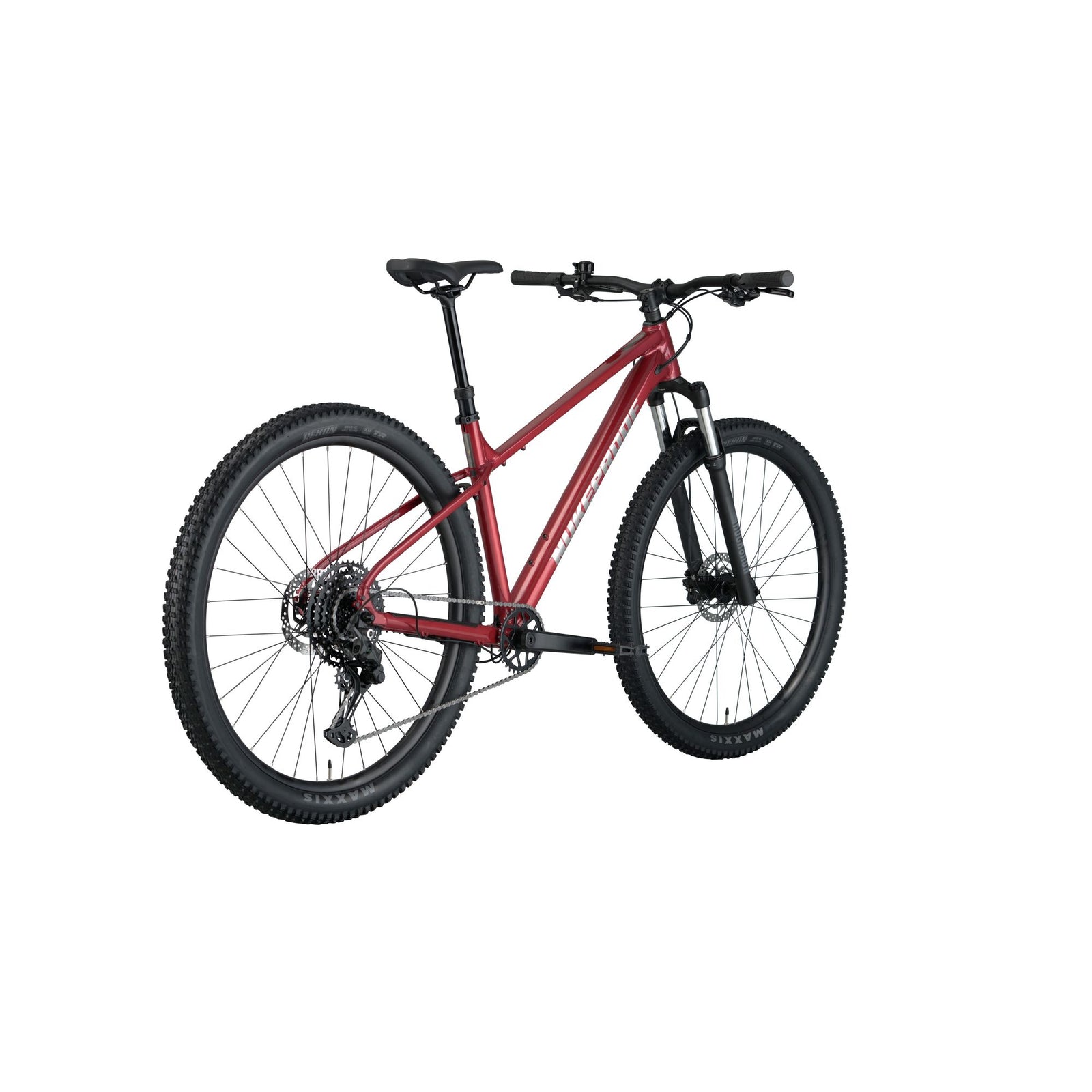 Nukeproof Tracker 290 Comp, aluminum frame hardtail mountian bike, red frame, side back angle