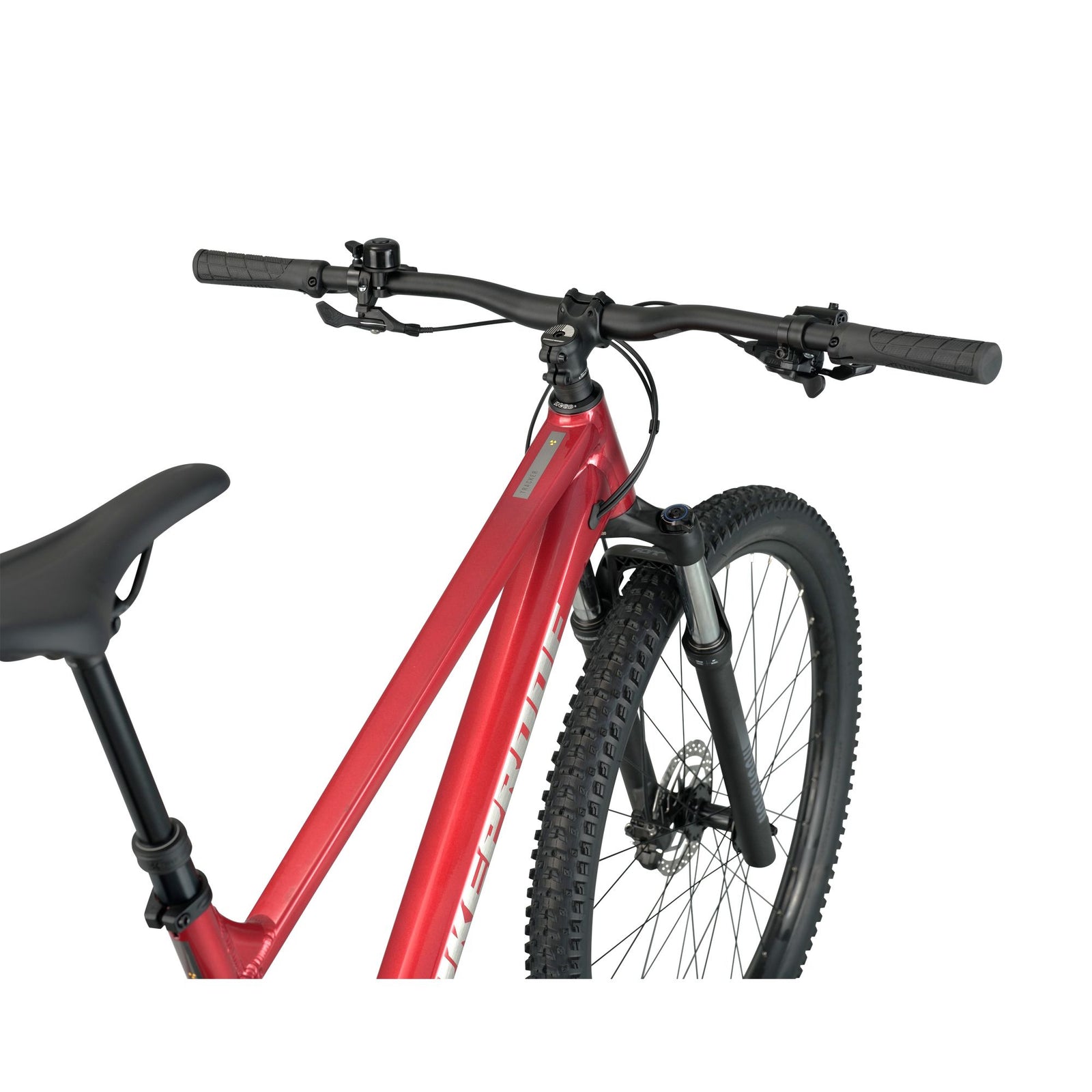 Nukeproof Tracker 290 Comp, aluminum frame hardtail mountian bike, red frame, back of handlebars
