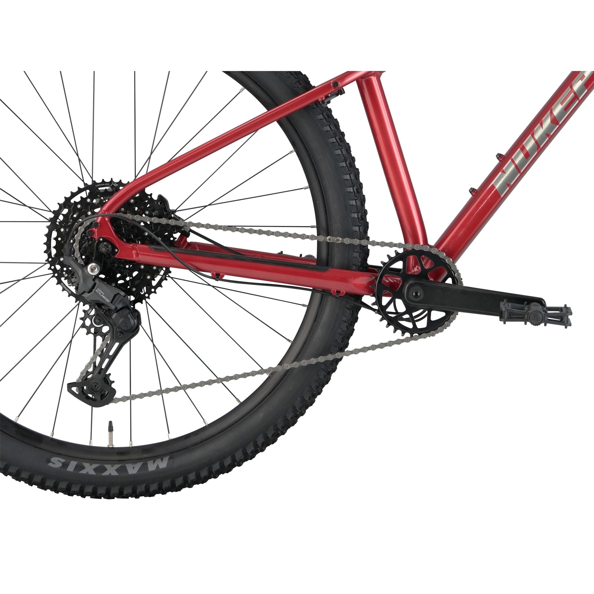 Nukeproof Tracker 290 Comp, aluminum frame hardtail mountian bike, red frame, close up of drivetrain