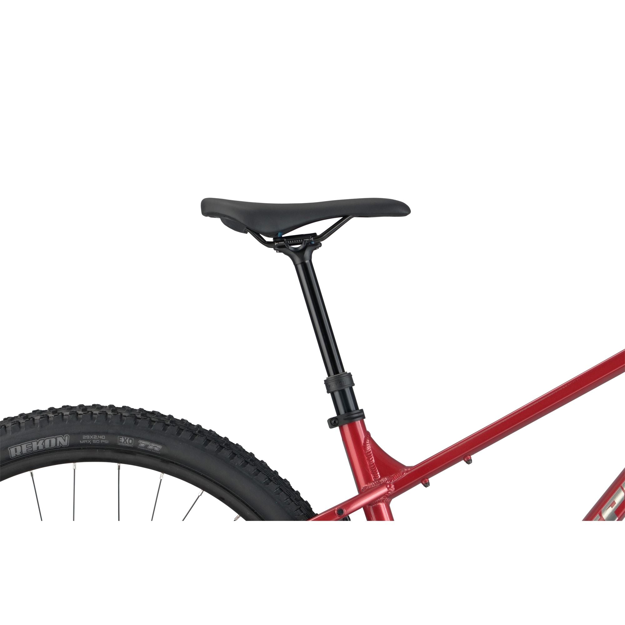 Nukeproof Tracker 290 Comp, aluminum frame hardtail mountian bike, red frame, saddle close up