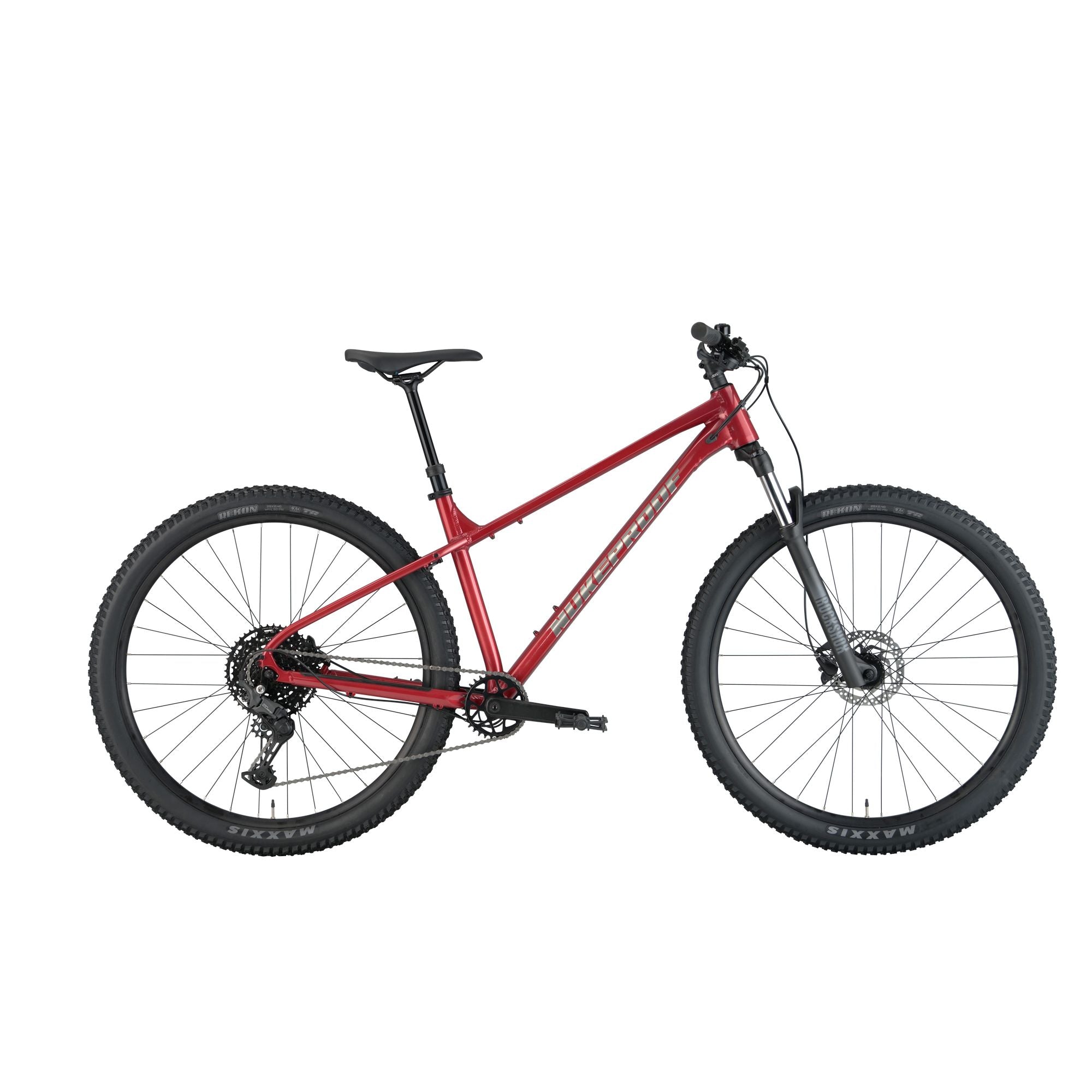Nukeproof Tracker 290 Comp, aluminum frame hardtail mountian bike, red frame, side profile of bike