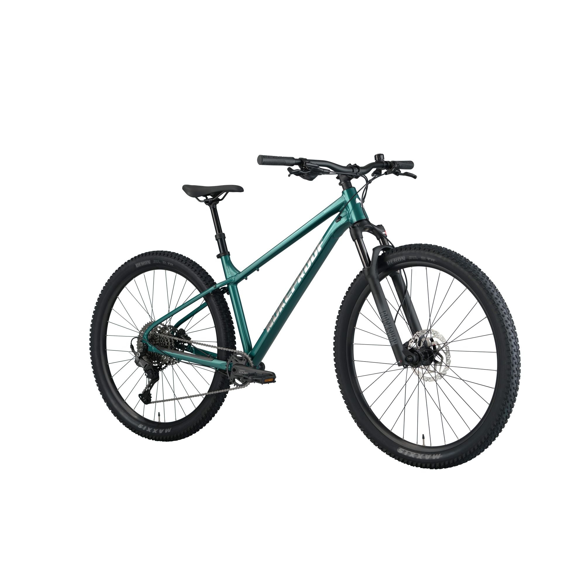 Nukeproof Tracker 290 Pro, aluminum frame hardtail mountain bike for everyday, teal colour frame, front angle of bike