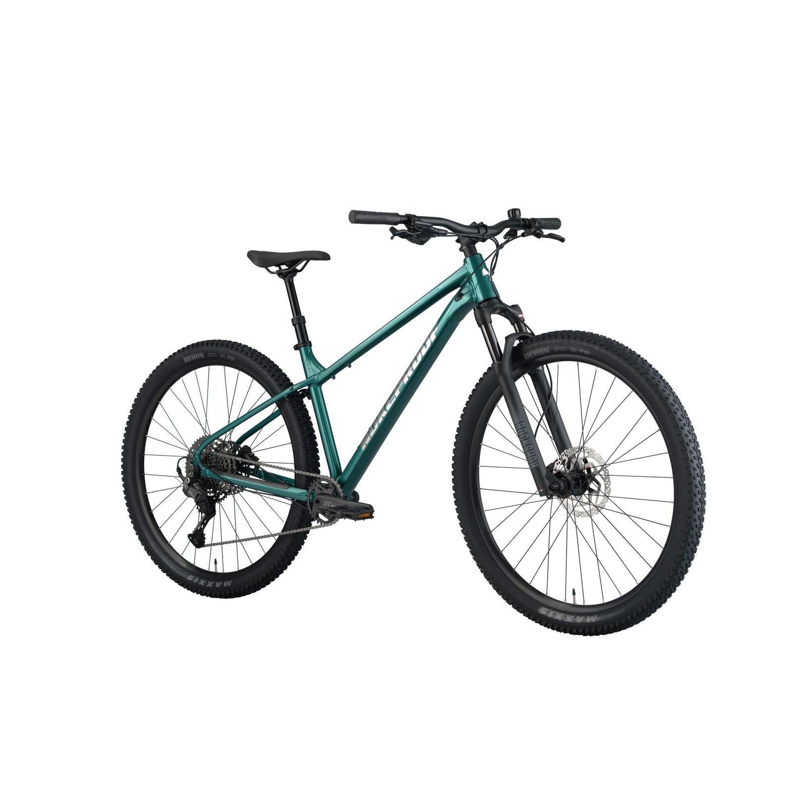 Nukeproof Tracker 290 Pro, aluminum frame hardtail mountain bike for everyday, teal colour frame, front angle of bike