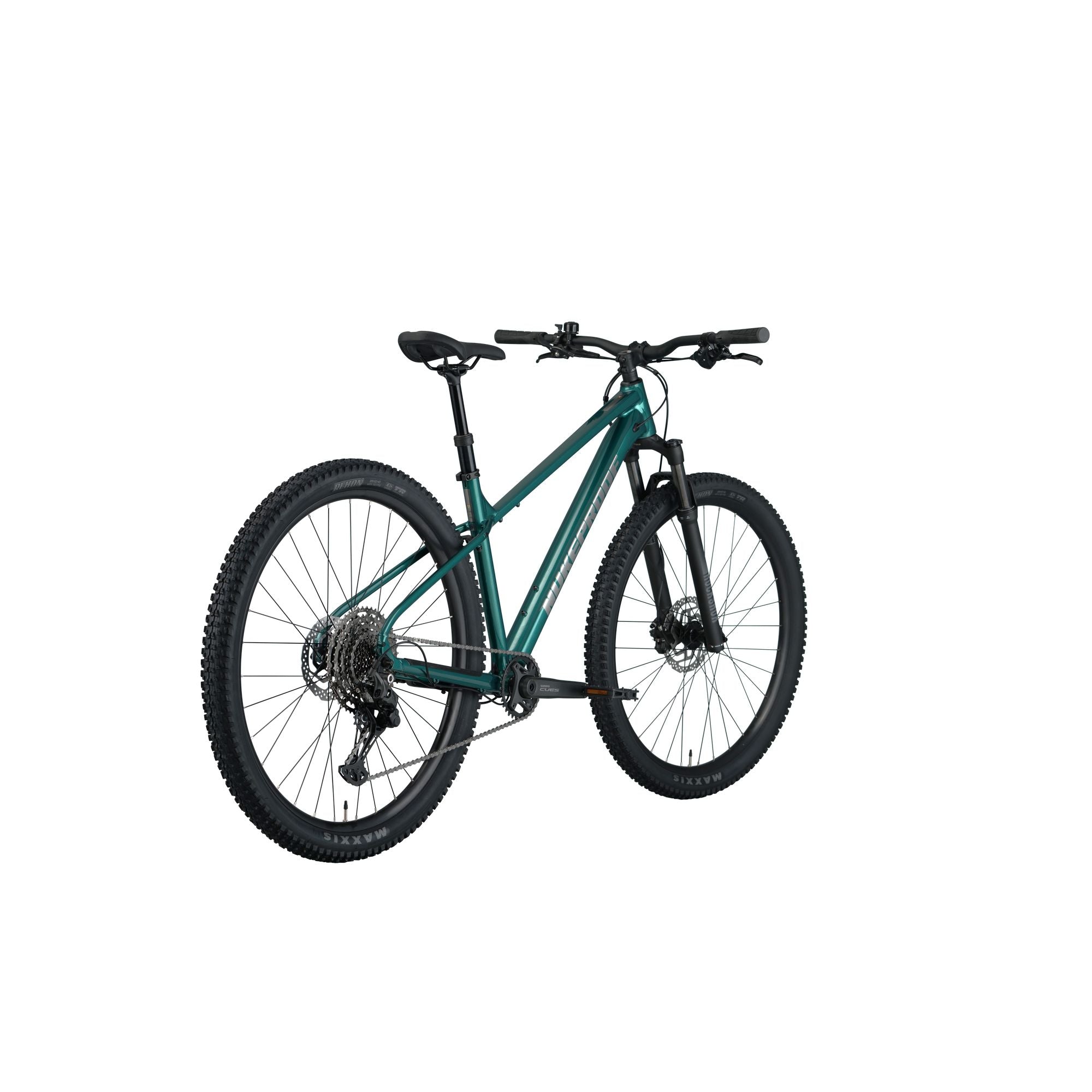 Nukeproof Tracker 290 Pro, aluminum frame hardtail mountain bike for everyday, teal colour frame, back angle of bike