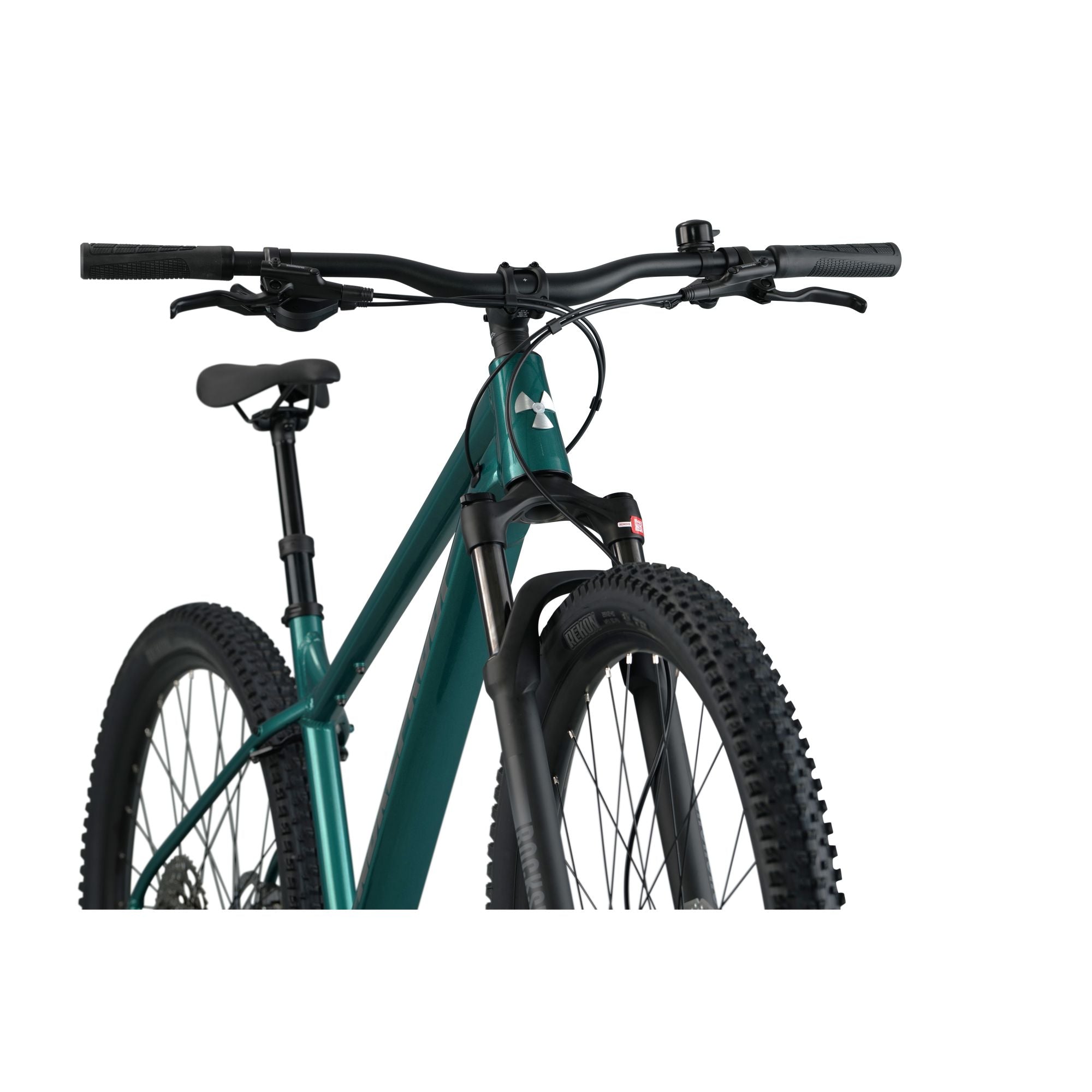 Nukeproof Tracker 290 Pro, aluminum frame hardtail mountain bike for everyday, teal colour frame, close up of bike handle bars from front