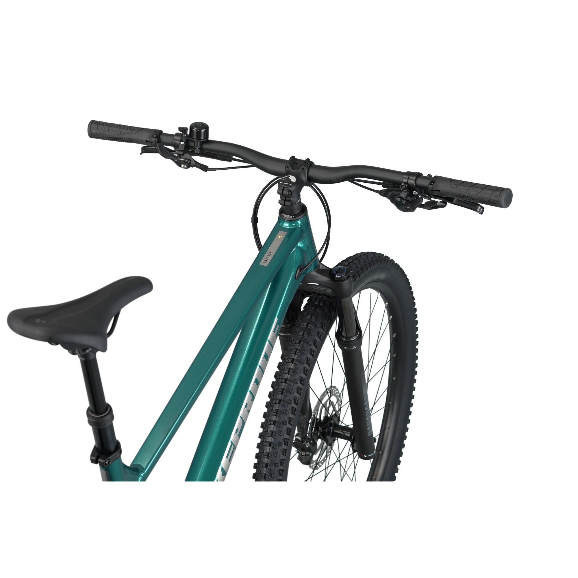 Nukeproof Tracker 290 Pro, aluminum frame hardtail mountain bike for everyday, teal colour frame, handlebars from behind
