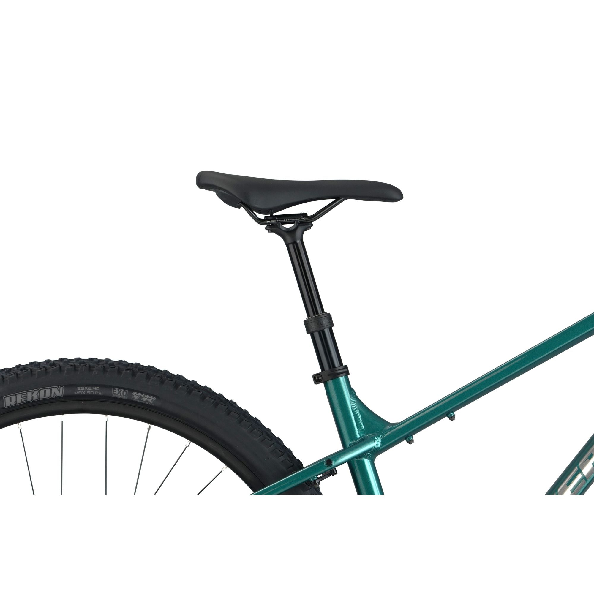 Nukeproof Tracker 290 Pro, aluminum frame hardtail mountain bike for everyday, teal colour frame, saddle close up