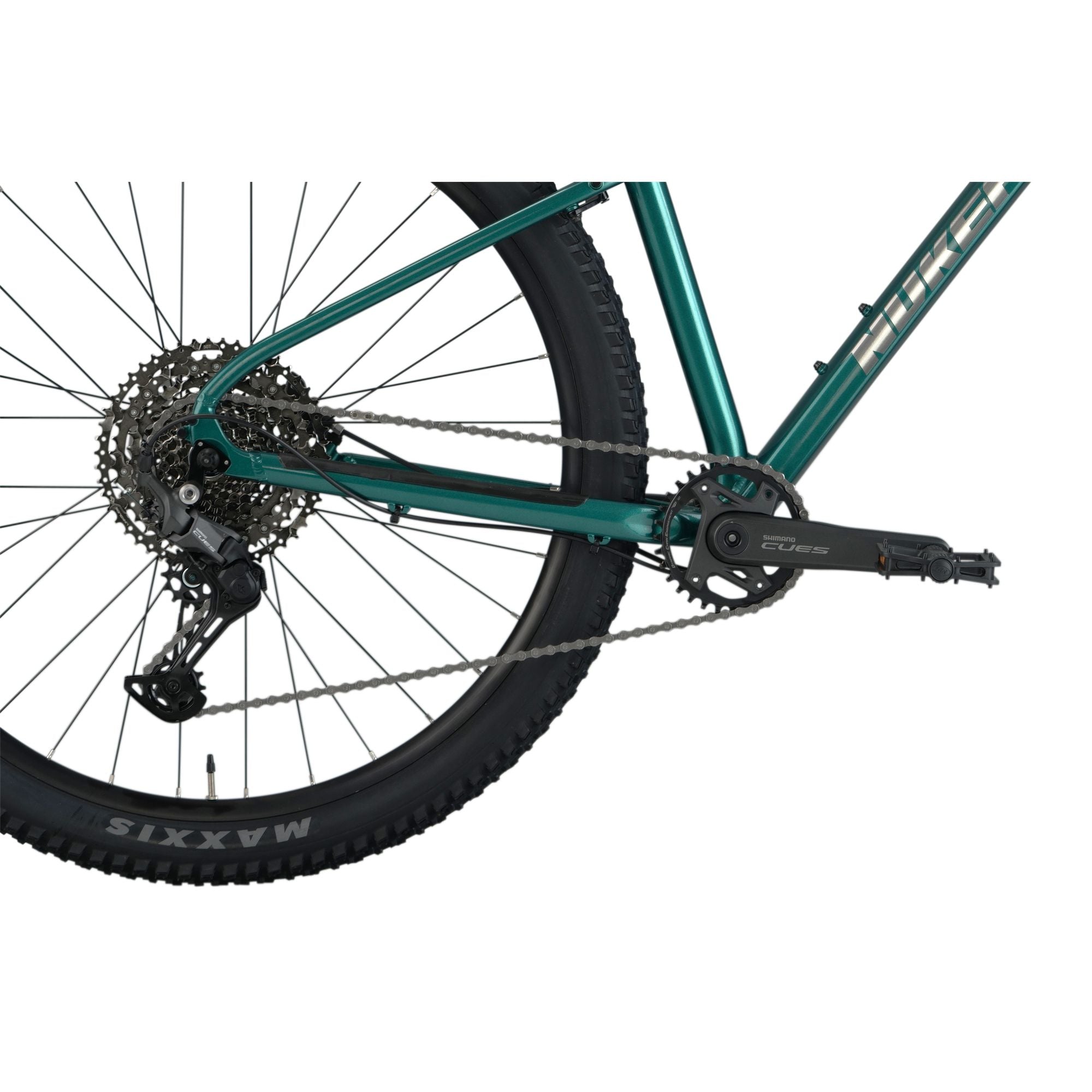 Nukeproof Tracker 290 Pro, aluminum frame hardtail mountain bike for everyday, teal colour frame, close up of drivetrain
