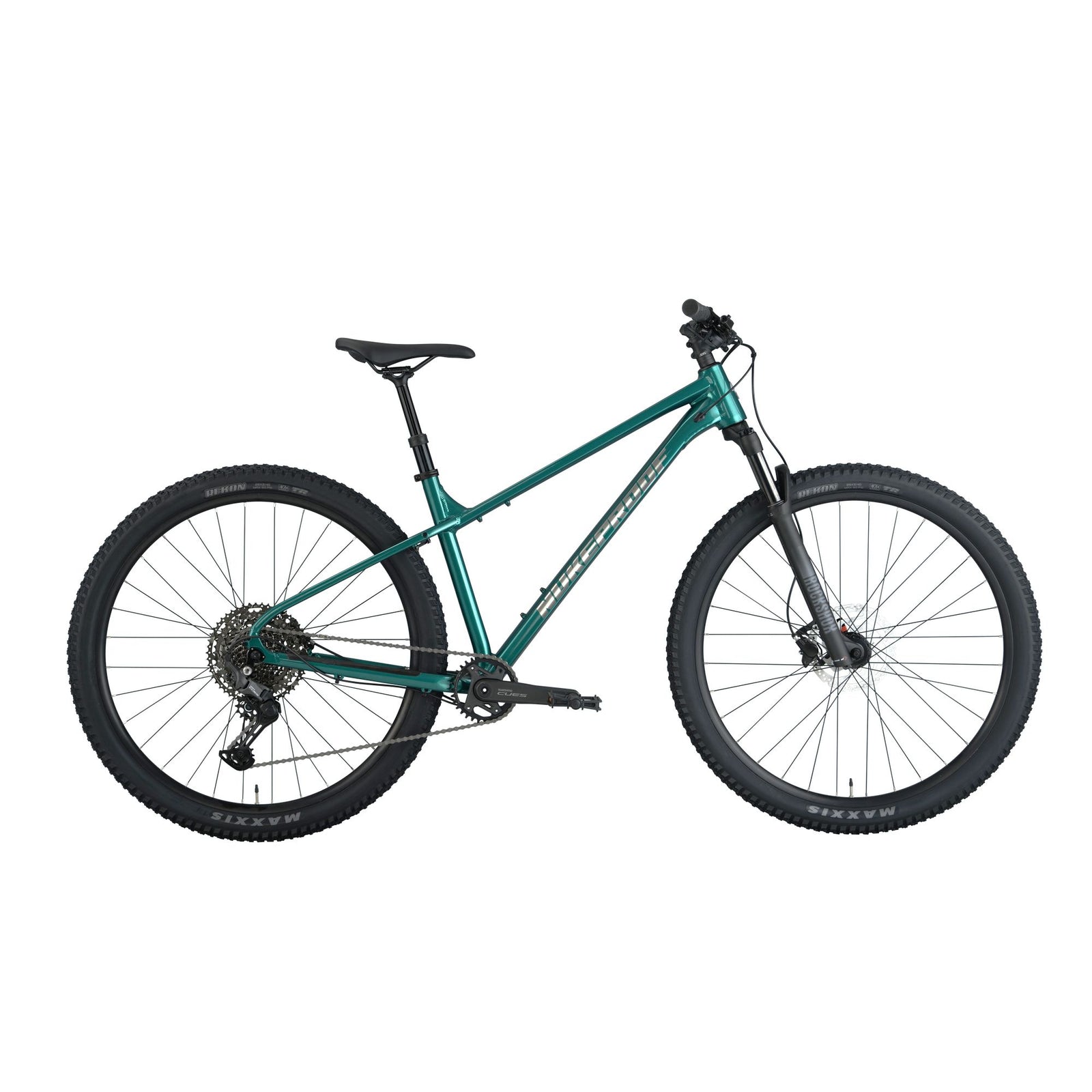 Nukeproof Tracker 290 Pro, aluminum frame hardtail mountain bike for everyday, teal colour frame, side profile of bike
