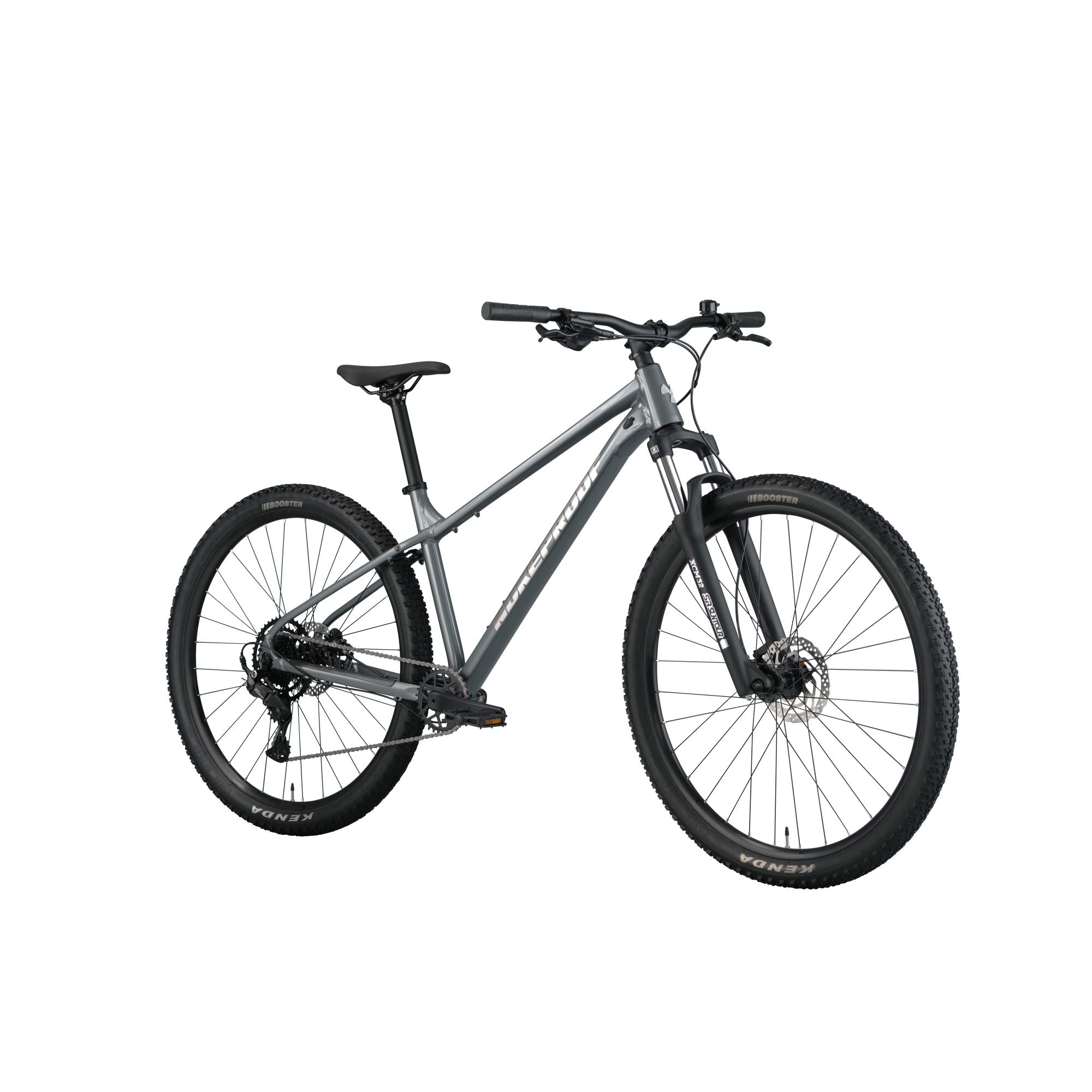 Nukeproof Tracker 290 Race, aluminium framed hardtail mtb race bike, grey coloure frame, side angled profile of bike